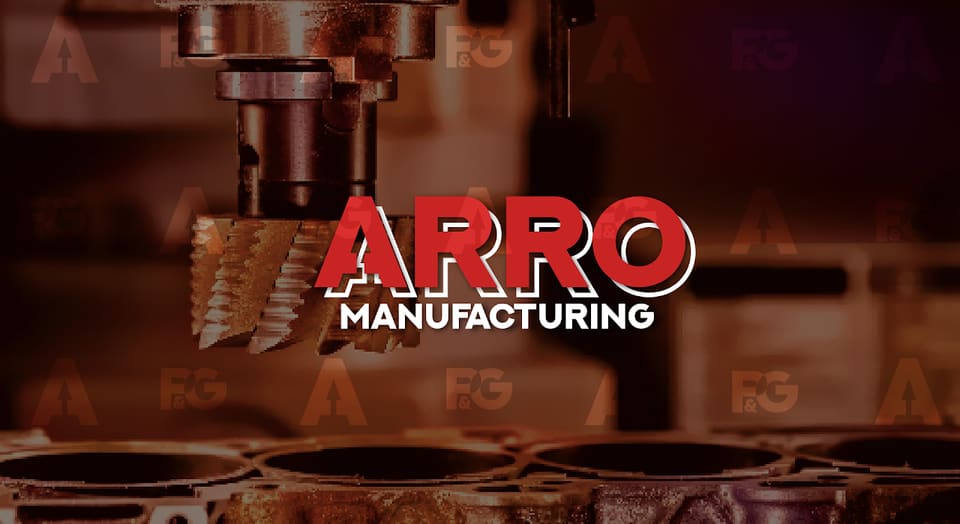 The Arro Manufacturing wordmark in red and white, set over a close photograph of a CNC lathe cutting metal.
