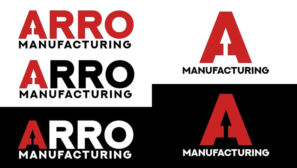 Four lockups of the Arro Manufacturing mark: red on white, white on black, black on white, and the A monogram on its own.