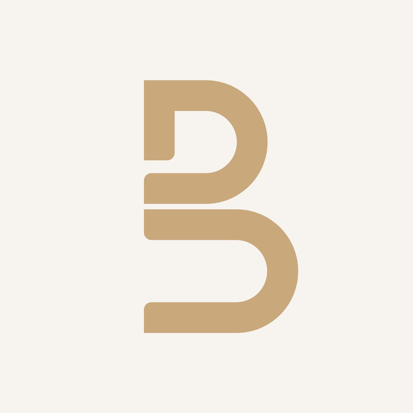 The B monogram in gold on cream. One stroke folded into two stacked bowls, so the letter and the space inside it are drawn by the same continuous ribbon.