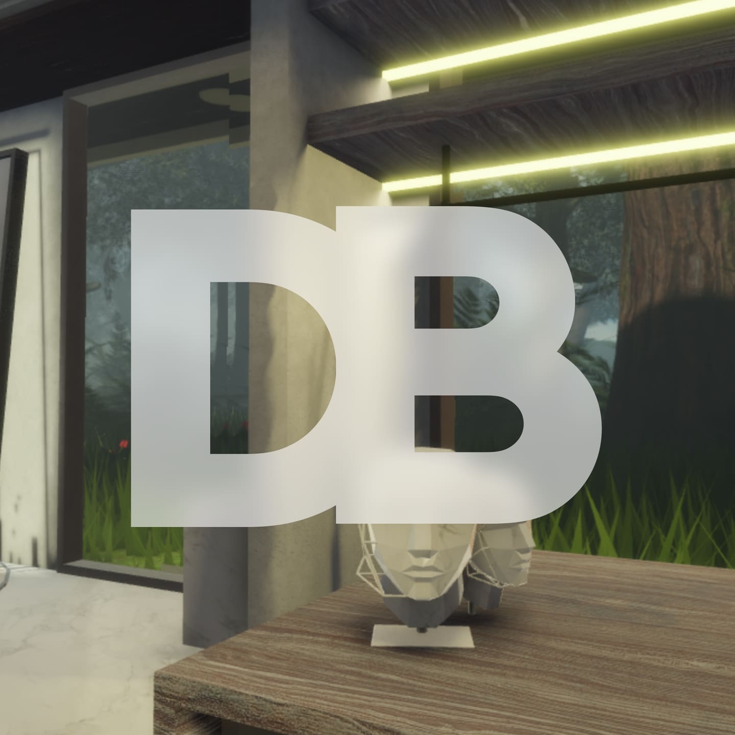 The DB monogram in frosted glass on an architectural render, sitting over a covered terrace with a wooden table and a bust.