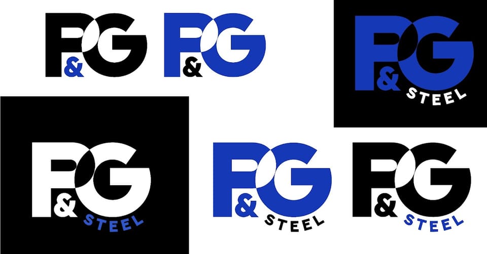 Six lockups of the F&G Steel mark arranged in a grid: blue on white, white on blue, white on black and black on white, with and without the word STEEL.