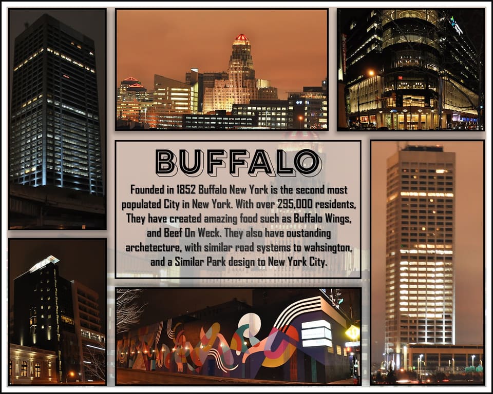 A Buffalo poster, a grid of night photographs of the city's towers and street art around a centred block of text about its history.