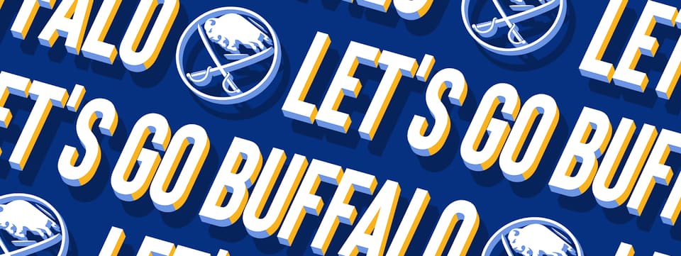 A repeating pattern of the words LET'S GO BUFFALO in white and gold on royal blue, set with the Sabres crest.