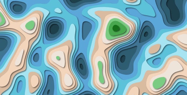 An abstract contour graphic, layered organic bands in blue, sand and green like a topographic map.
