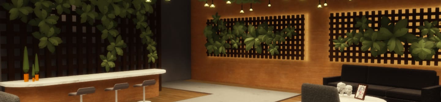 An architectural interior render, a long timber bar under warm strip lighting with planting along the back wall.