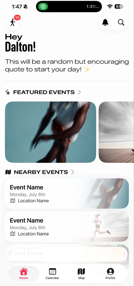 A phone screen showing a class-booking home feed, greeting the user by name above a row of featured events and a list of nearby events with dates and locations.