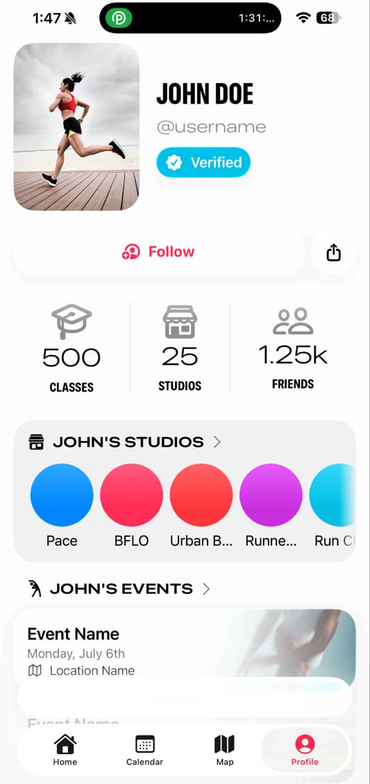 The matching profile screen: a photograph of a runner, follower and class counts, a row of studio avatars, and the user's upcoming events.