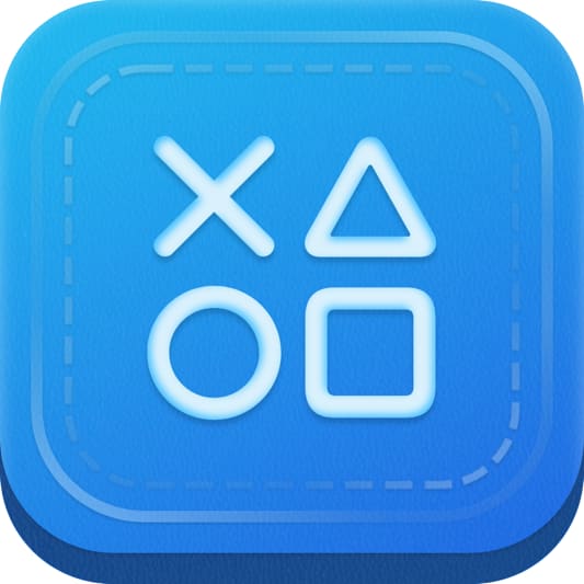 An app icon in bright blue, four geometric shapes in a soft inset debossed style on a rounded square.