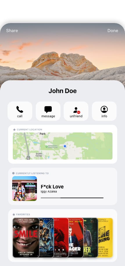 An iOS contact card mockup, a mountain photograph above call, message, mail and info actions, a map and shared media.