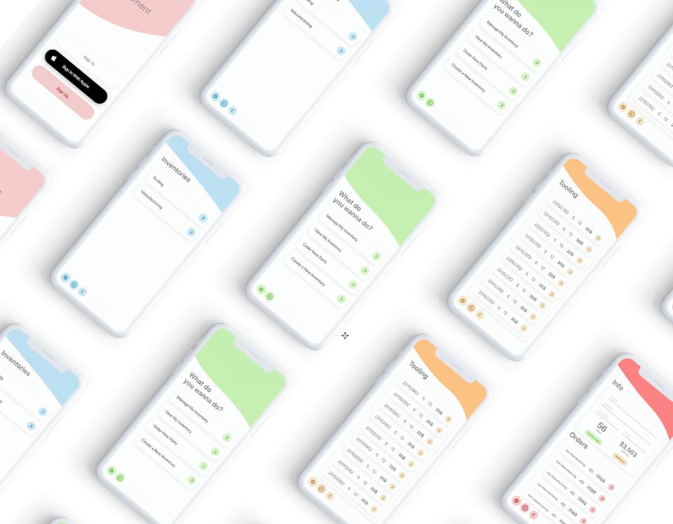 A dozen app screens laid out in an isometric grid, each a coloured list view, showing the system across its states.