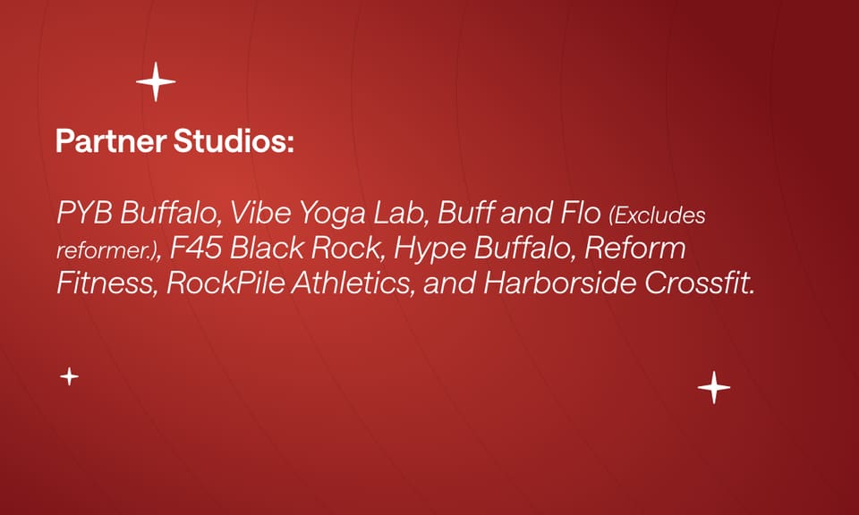 The matching red card listing the participating partner studios in italic white type.
