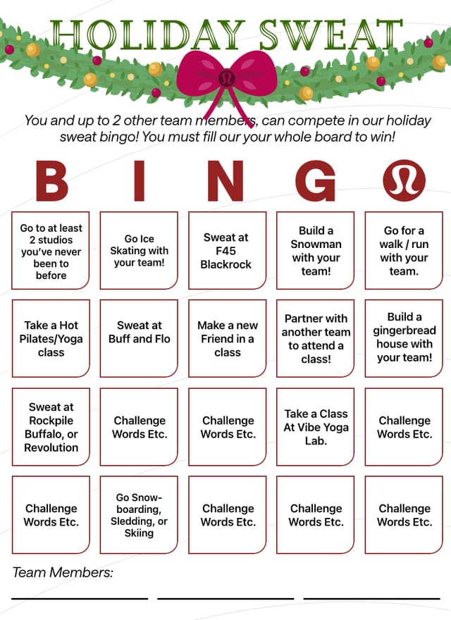 A holiday sweat bingo card, a five by five grid of studio challenges under a garland border with the word BINGO in red capitals.