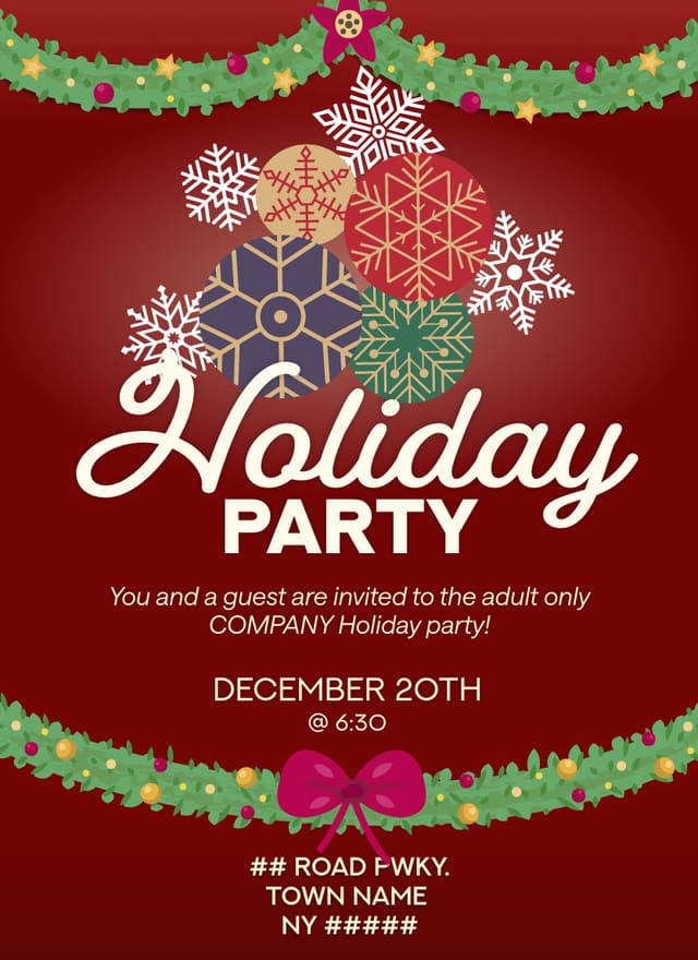 A holiday party invitation in deep red, a wreath of snowflakes and greenery framing the words Holiday Party in white script.