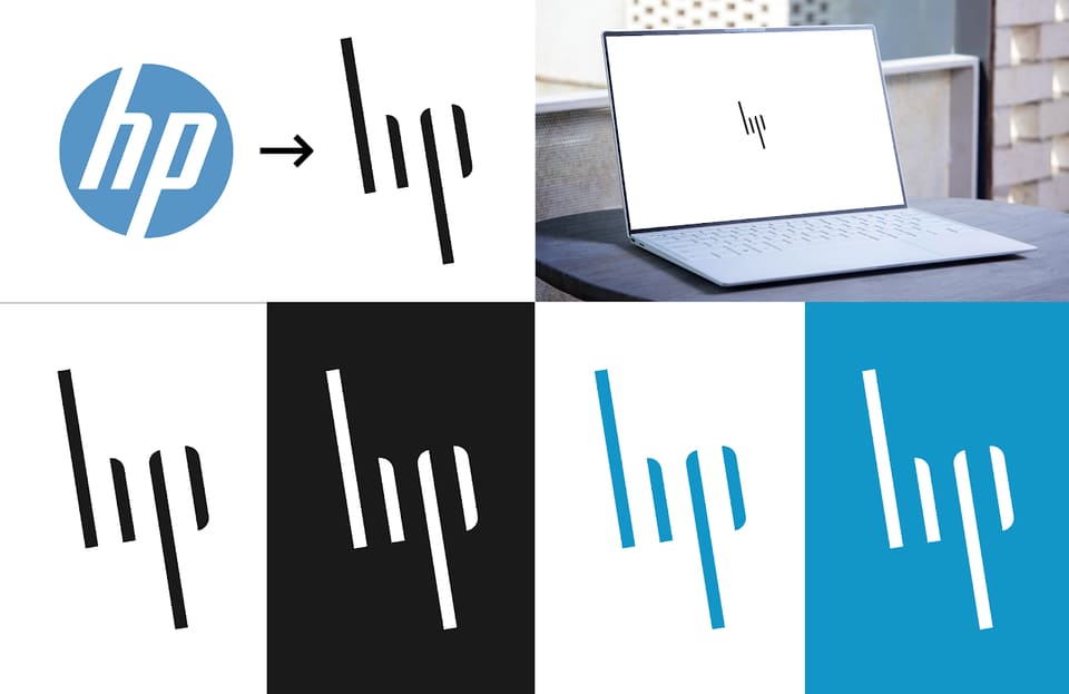 An HP logo redesign study. The existing circular mark on the left, an arrow, then a new mark built from four angled strokes, shown in black, white and cyan and mocked up on a laptop lid.