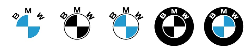 A row of five BMW roundel studies, moving from an angular flat treatment through to the familiar quartered circle, in blue, white and black.