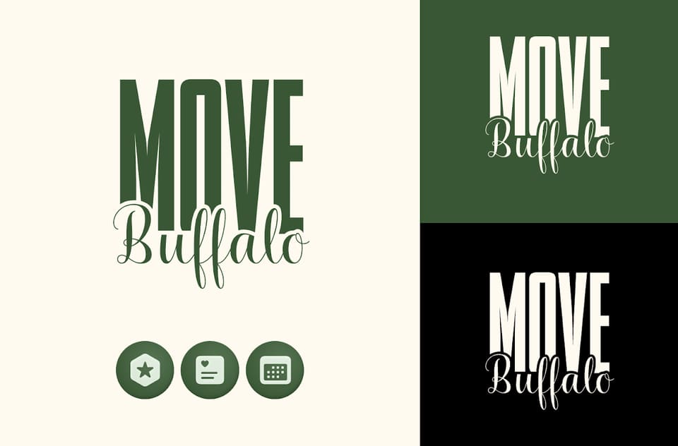 Three lockups of the MOVE Buffalo wordmark, MOVE in a heavy serif above Buffalo in a script, shown on cream, forest green and black with a row of circular icons.