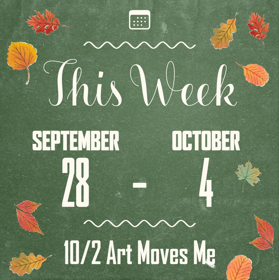 A weekly announcement graphic on a green chalkboard ground scattered with autumn leaves, reading This Week, September 28 to October 4.
