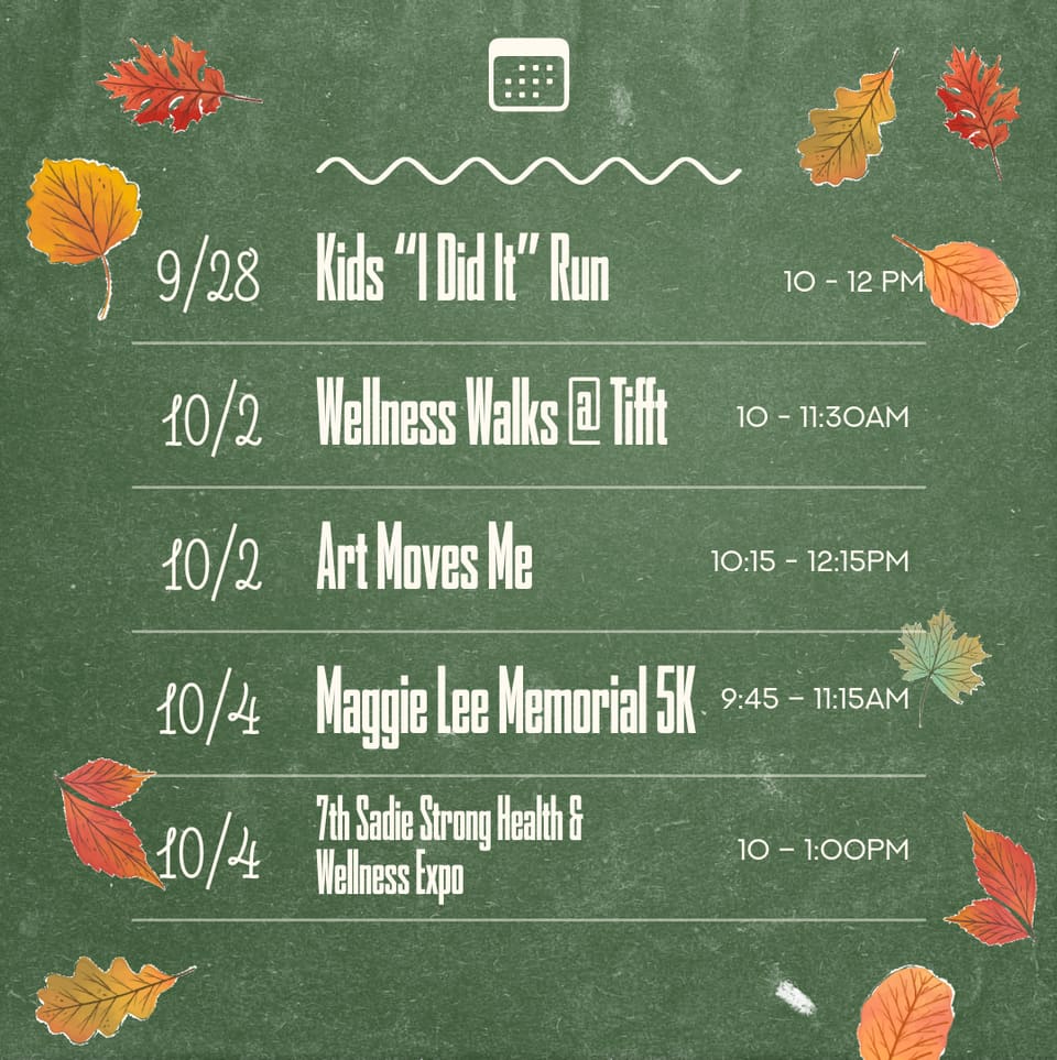The matching schedule graphic listing five dated events down the page in chalk script, from a kids run to a health and wellness expo.