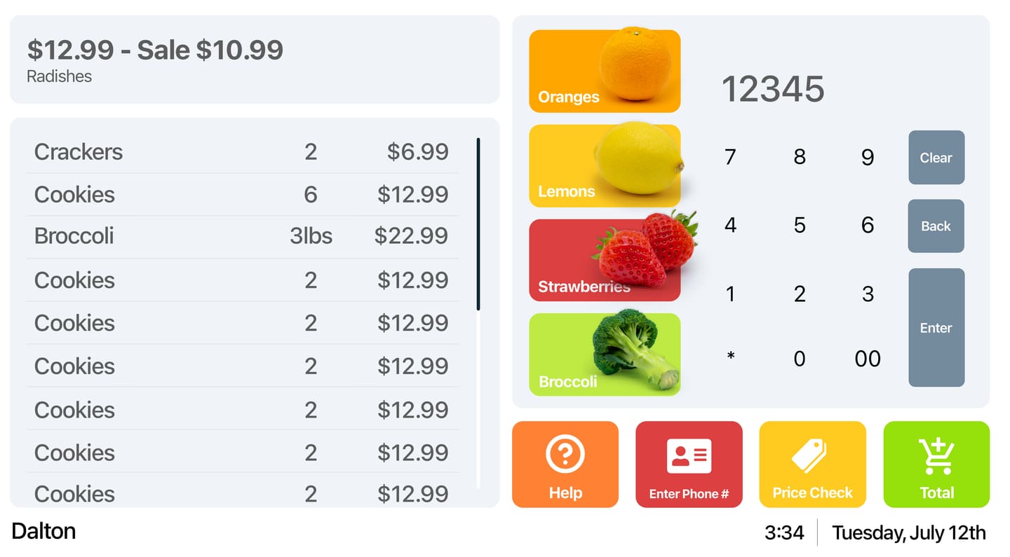 A self-checkout register screen. A running receipt of scanned items with quantities and prices fills the left; colour-coded photographic shortcuts for oranges, lemons, strawberries and broccoli sit beside a numeric keypad; Help, Enter Phone, Price Check and Total run along the bottom.