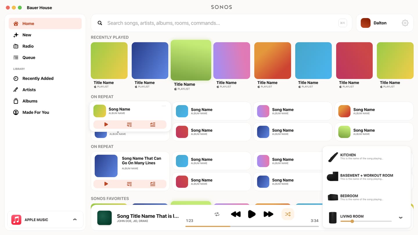 The Sohaus home view on macOS in light mode. A sidebar lists the Bauer House library; a grid of recently played playlists sits above an on-repeat row; the room picker is open over the now-playing bar, listing Kitchen, Basement and Workout Room, Bedroom and Living Room.