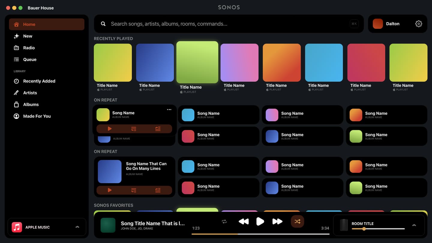 The same view in dark mode, with the Apple Music badge on the now-playing bar and a row of Sonos favourites along the bottom.