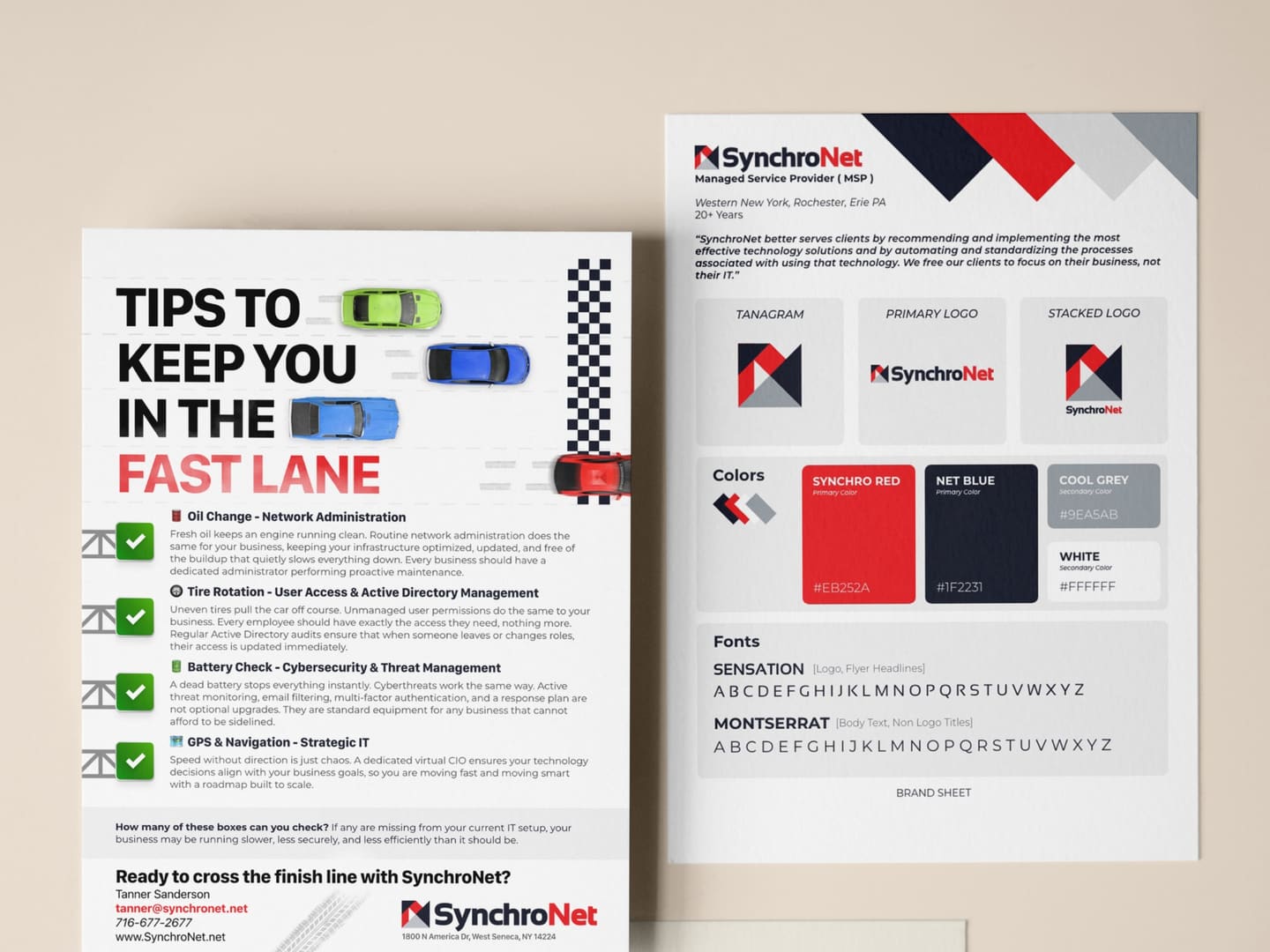 Two printed sheets on a beige wall. On the left, a flyer titled Tips to keep you in the fast lane, pairing car maintenance with IT services beside racing cars and a checkered flag. On the right, the SynchroNet brand sheet showing the mark, primary and stacked logos, four colours and two typefaces.