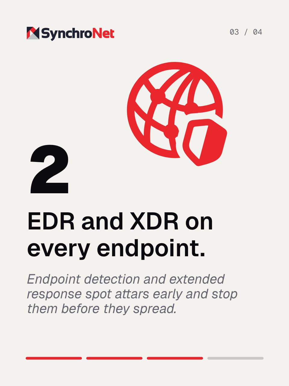 Carousel slide three. A large numeral 2 beside a red globe and shield icon, headed EDR and XDR on every endpoint.