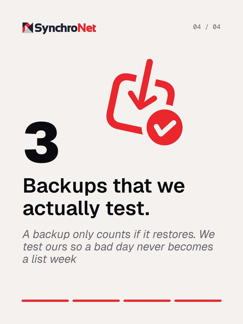 Carousel slide four. A large numeral 3 beside a red download and check icon, headed Backups that we actually test, with all four progress bars filled.