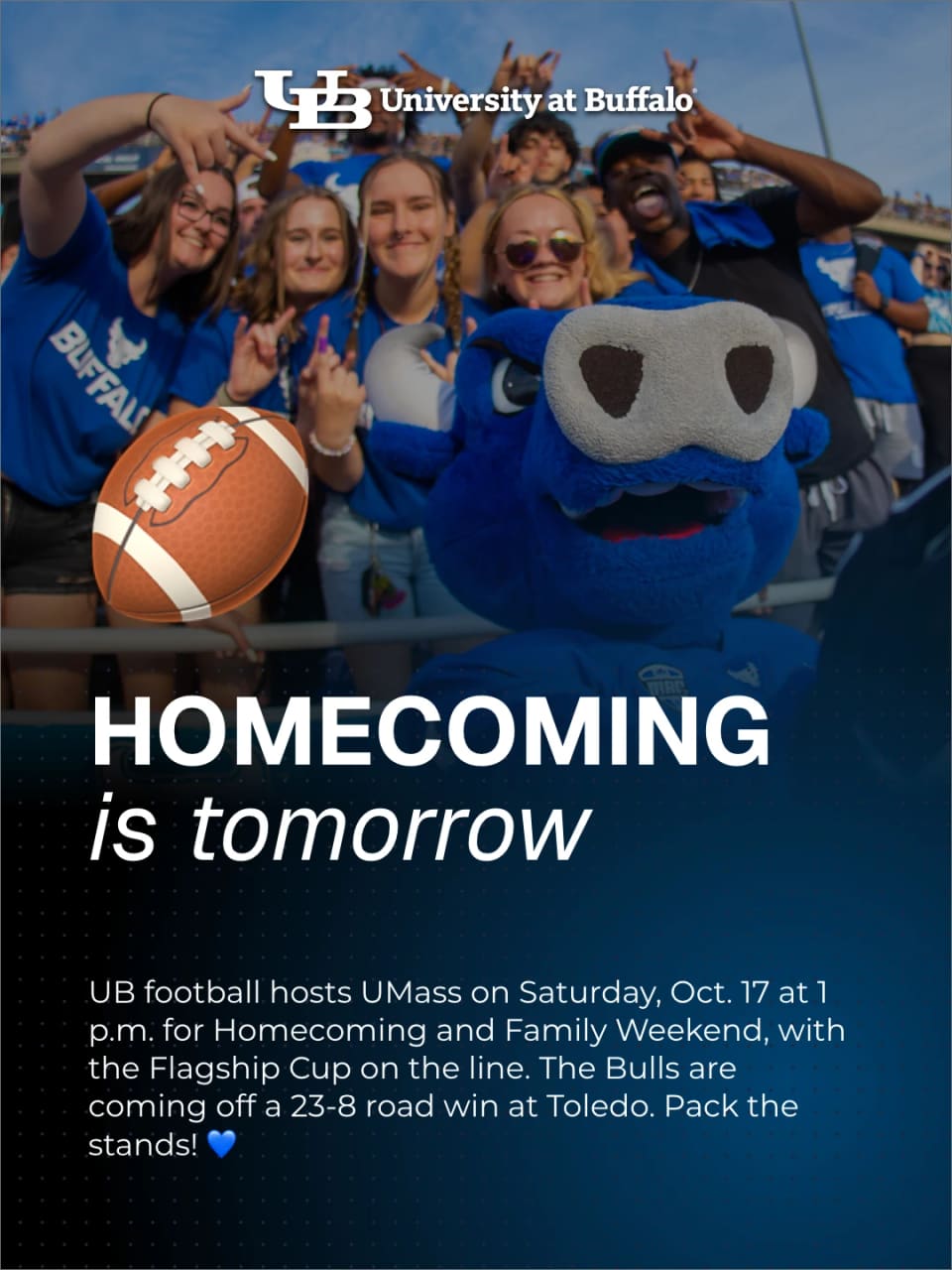 A crowd of students in UB blue cheering with the Victor E. Bull mascot, under the headline Homecoming is tomorrow, announcing the game against UMass.