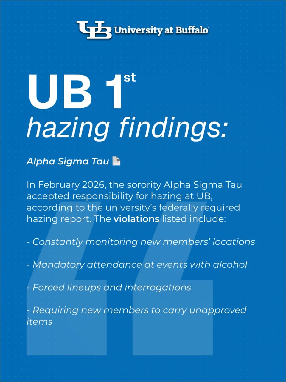 A UB blue post headed UB 1st hazing findings, summarising the violations listed in the university's federally required hazing report.